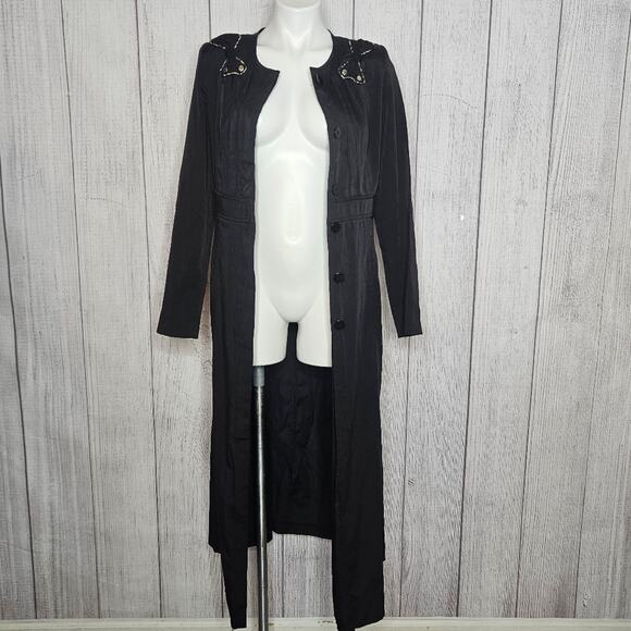 Vieste Jacket Dress, Black Maxi Length Coat with Shoulder Bow Accents, sz 42 - Picture 3 of 9